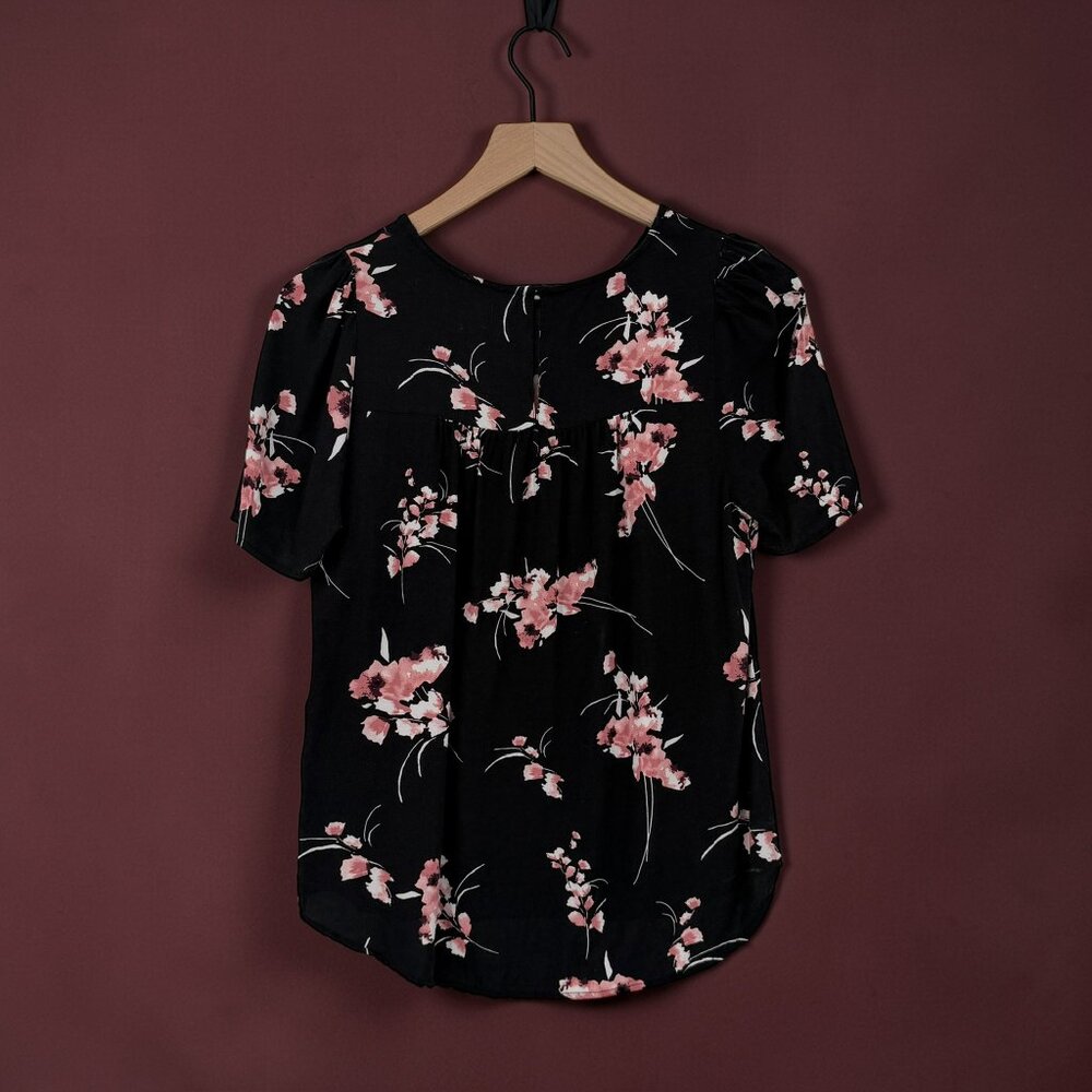 b.young Floral Puff Sleeve Black Blouse Top Size 8